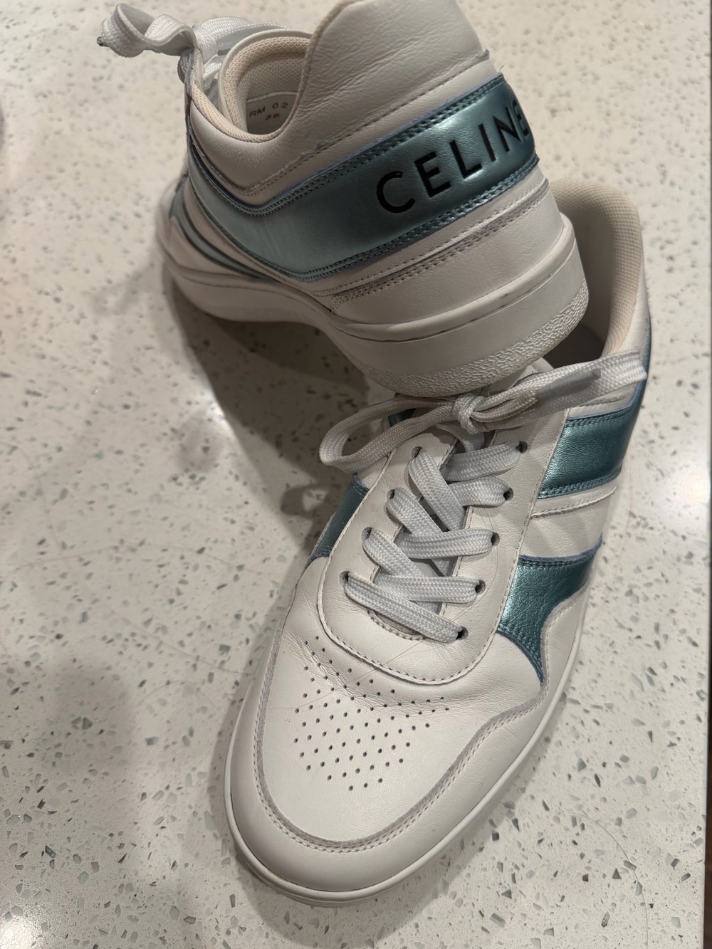 Celine White Leather Sneakers with Metallic Light Blue Detailing - Picture 2 of 8